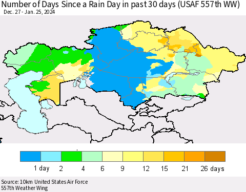 Kazakhstan Number of Days Since a Rain Day in past 30 days (USAF 557th WW) Thematic Map For 1/21/2024 - 1/25/2024