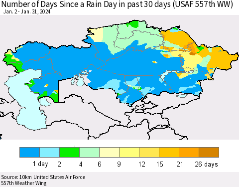 Kazakhstan Number of Days Since a Rain Day in past 30 days (USAF 557th WW) Thematic Map For 1/26/2024 - 1/31/2024