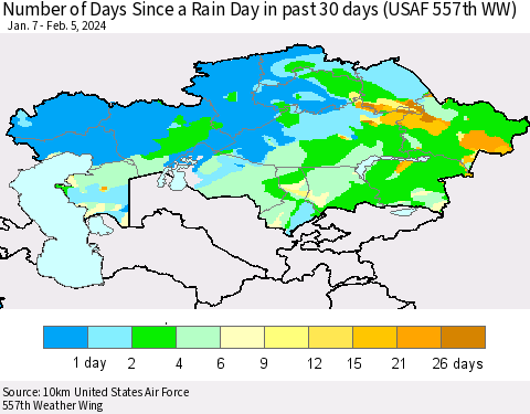 Kazakhstan Number of Days Since a Rain Day in past 30 days (USAF 557th WW) Thematic Map For 2/1/2024 - 2/5/2024