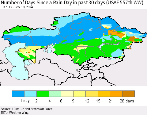 Kazakhstan Number of Days Since a Rain Day in past 30 days (USAF 557th WW) Thematic Map For 2/6/2024 - 2/10/2024