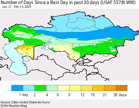 Kazakhstan Number of Days Since a Rain Day in past 30 days (USAF 557th WW) Thematic Map For 2/11/2024 - 2/15/2024