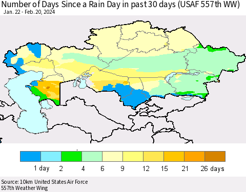 Kazakhstan Number of Days Since a Rain Day in past 30 days (USAF 557th WW) Thematic Map For 2/16/2024 - 2/20/2024