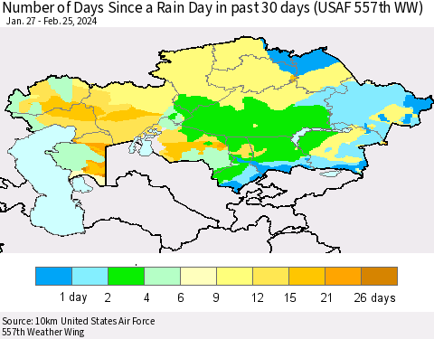 Kazakhstan Number of Days Since a Rain Day in past 30 days (USAF 557th WW) Thematic Map For 2/21/2024 - 2/25/2024