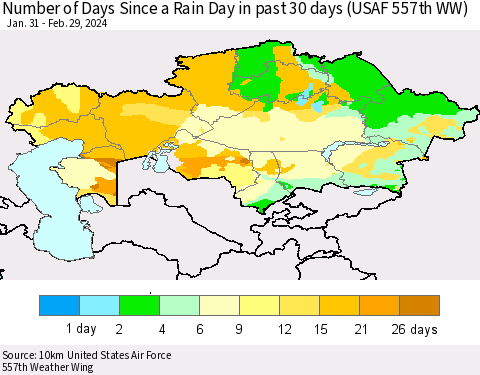 Kazakhstan Number of Days Since a Rain Day in past 30 days (USAF 557th WW) Thematic Map For 2/26/2024 - 2/29/2024