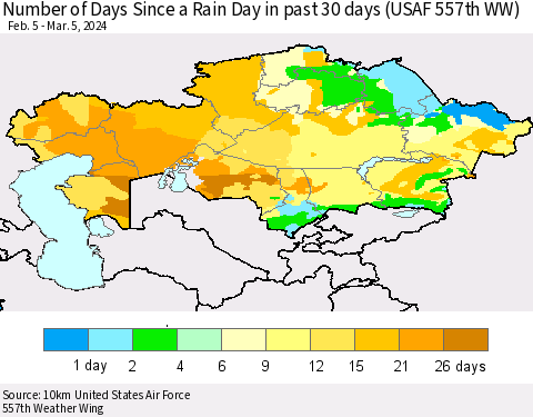 Kazakhstan Number of Days Since a Rain Day in past 30 days (USAF 557th WW) Thematic Map For 3/1/2024 - 3/5/2024