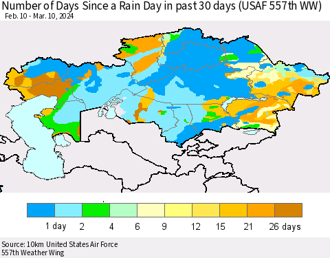 Kazakhstan Number of Days Since a Rain Day in past 30 days (USAF 557th WW) Thematic Map For 3/6/2024 - 3/10/2024