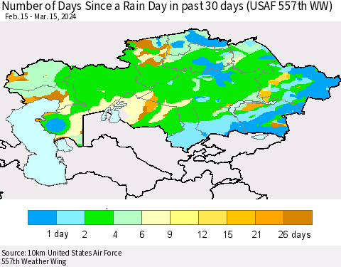 Kazakhstan Number of Days Since a Rain Day in past 30 days (USAF 557th WW) Thematic Map For 3/11/2024 - 3/15/2024