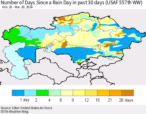 Kazakhstan Number of Days Since a Rain Day in past 30 days (USAF 557th WW) Thematic Map For 3/16/2024 - 3/20/2024