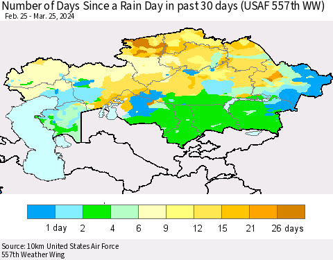 Kazakhstan Number of Days Since a Rain Day in past 30 days (USAF 557th WW) Thematic Map For 3/21/2024 - 3/25/2024