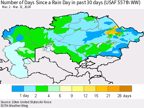 Kazakhstan Number of Days Since a Rain Day in past 30 days (USAF 557th WW) Thematic Map For 3/26/2024 - 3/31/2024