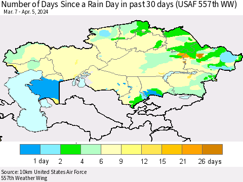 Kazakhstan Number of Days Since a Rain Day in past 30 days (USAF 557th WW) Thematic Map For 4/1/2024 - 4/5/2024