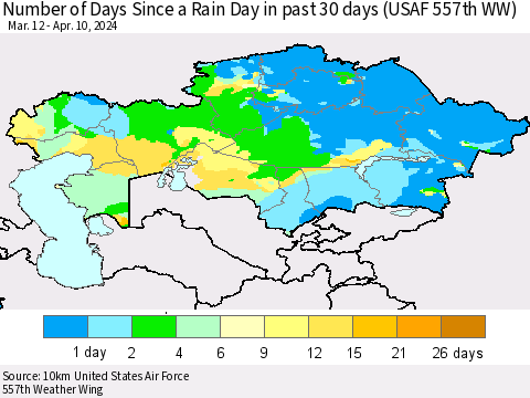 Kazakhstan Number of Days Since a Rain Day in past 30 days (USAF 557th WW) Thematic Map For 4/6/2024 - 4/10/2024