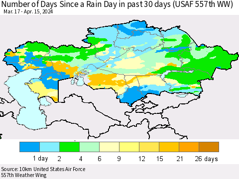 Kazakhstan Number of Days Since a Rain Day in past 30 days (USAF 557th WW) Thematic Map For 4/11/2024 - 4/15/2024