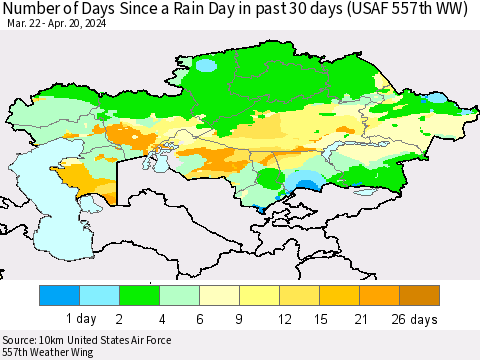 Kazakhstan Number of Days Since a Rain Day in past 30 days (USAF 557th WW) Thematic Map For 4/16/2024 - 4/20/2024