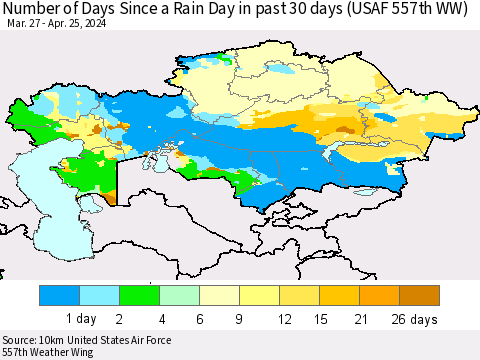 Kazakhstan Number of Days Since a Rain Day in past 30 days (USAF 557th WW) Thematic Map For 4/21/2024 - 4/25/2024