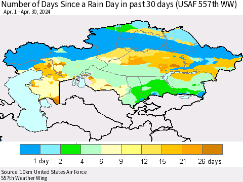 Kazakhstan Number of Days Since a Rain Day in past 30 days (USAF 557th WW) Thematic Map For 4/26/2024 - 4/30/2024