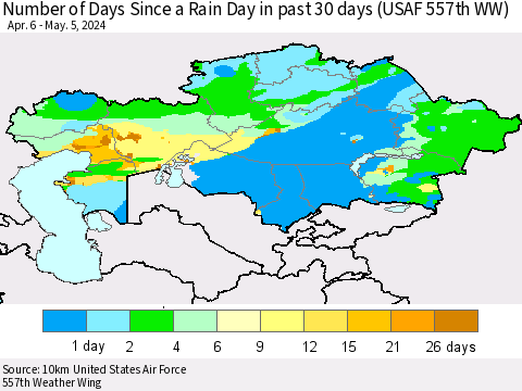 Kazakhstan Number of Days Since a Rain Day in past 30 days (USAF 557th WW) Thematic Map For 5/1/2024 - 5/5/2024