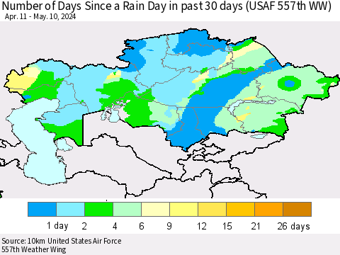 Kazakhstan Number of Days Since a Rain Day in past 30 days (USAF 557th WW) Thematic Map For 5/6/2024 - 5/10/2024