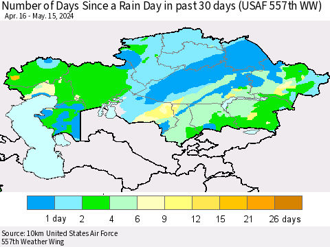 Kazakhstan Number of Days Since a Rain Day in past 30 days (USAF 557th WW) Thematic Map For 5/11/2024 - 5/15/2024