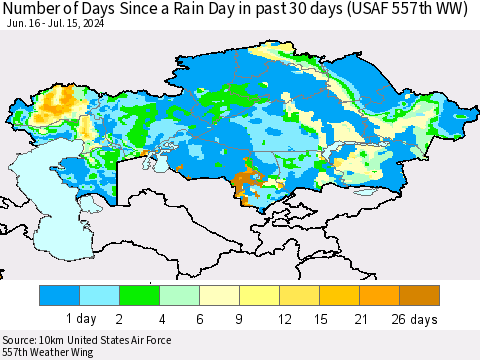 Kazakhstan Number of Days Since a Rain Day in past 30 days (USAF 557th WW) Thematic Map For 7/11/2024 - 7/15/2024