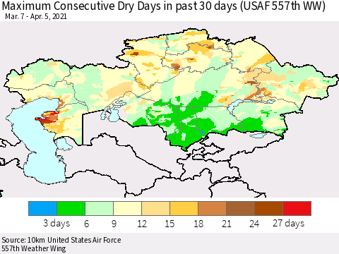 Kazakhstan Maximum Consecutive Dry Days in past 30 days (USAF 557th WW) 04/05/2021 Thematic Map For 4/1/2021 - 4/5/2021