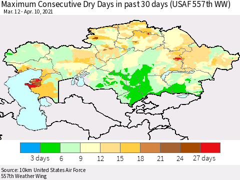 Kazakhstan Maximum Consecutive Dry Days in past 30 days (USAF 557th WW) 04/10/2021 Thematic Map For 4/6/2021 - 4/10/2021