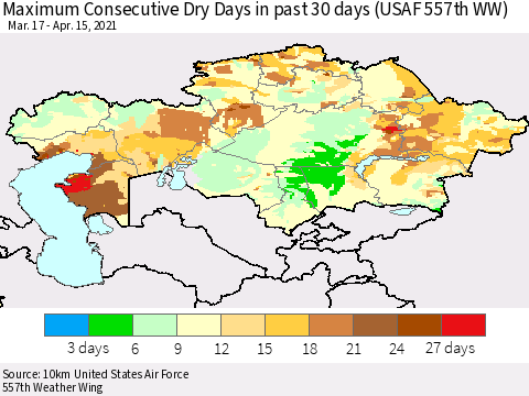 Kazakhstan Maximum Consecutive Dry Days in past 30 days (USAF 557th WW) 04/15/2021 Thematic Map For 4/11/2021 - 4/15/2021