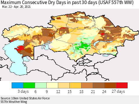 Kazakhstan Maximum Consecutive Dry Days in past 30 days (USAF 557th WW) 04/20/2021 Thematic Map For 4/16/2021 - 4/20/2021