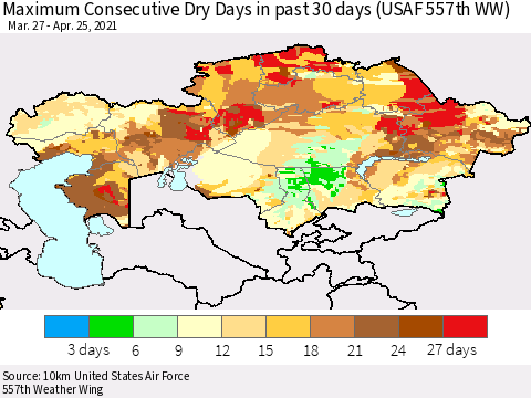 Kazakhstan Maximum Consecutive Dry Days in past 30 days (USAF 557th WW) 04/25/2021 Thematic Map For 4/21/2021 - 4/25/2021