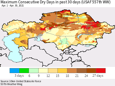 Kazakhstan Maximum Consecutive Dry Days in past 30 days (USAF 557th WW) 04/30/2021 Thematic Map For 4/26/2021 - 4/30/2021