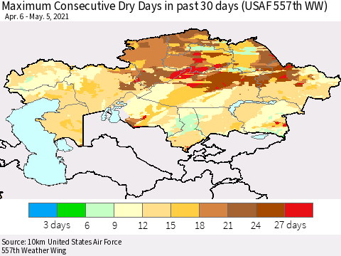 Kazakhstan Maximum Consecutive Dry Days in past 30 days (USAF 557th WW) 05/05/2021 Thematic Map For 5/1/2021 - 5/5/2021
