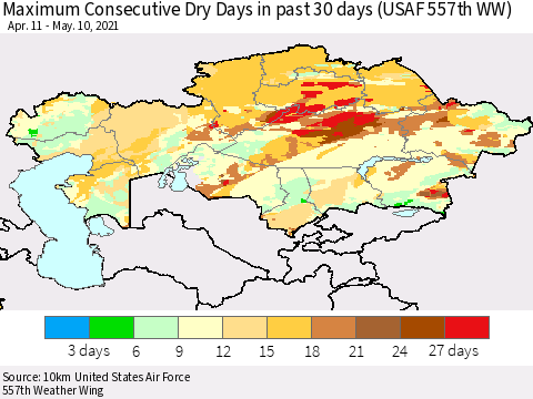 Kazakhstan Maximum Consecutive Dry Days in past 30 days (USAF 557th WW) 05/10/2021 Thematic Map For 5/6/2021 - 5/10/2021