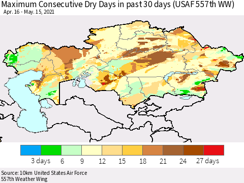 Kazakhstan Maximum Consecutive Dry Days in past 30 days (USAF 557th WW) 05/15/2021 Thematic Map For 5/11/2021 - 5/15/2021