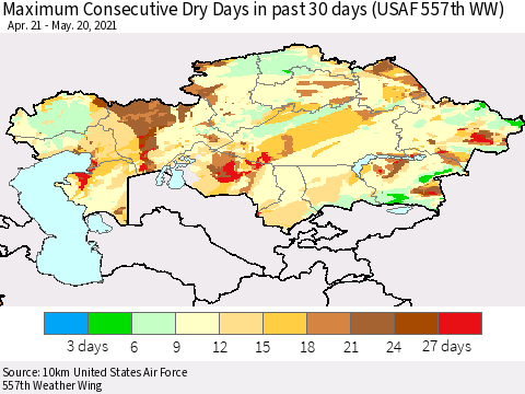 Kazakhstan Maximum Consecutive Dry Days in past 30 days (USAF 557th WW) 05/20/2021 Thematic Map For 5/16/2021 - 5/20/2021