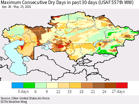 Kazakhstan Maximum Consecutive Dry Days in past 30 days (USAF 557th WW) 05/25/2021 Thematic Map For 5/21/2021 - 5/25/2021
