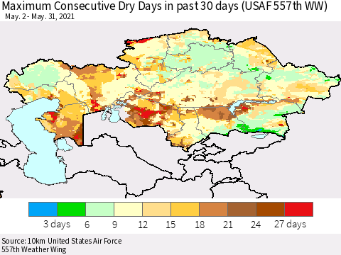 Kazakhstan Maximum Consecutive Dry Days in past 30 days (USAF 557th WW) 05/31/2021 Thematic Map For 5/26/2021 - 5/31/2021