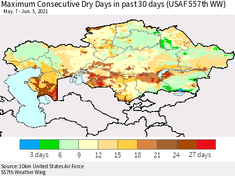 Kazakhstan Maximum Consecutive Dry Days in past 30 days (USAF 557th WW) 06/05/2021 Thematic Map For 6/1/2021 - 6/5/2021