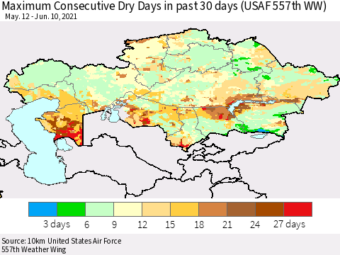 Kazakhstan Maximum Consecutive Dry Days in past 30 days (USAF 557th WW) 06/10/2021 Thematic Map For 6/6/2021 - 6/10/2021