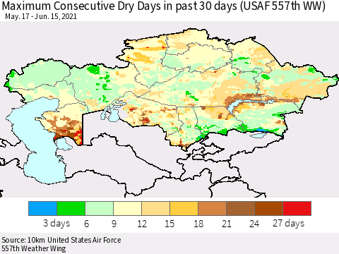 Kazakhstan Maximum Consecutive Dry Days in past 30 days (USAF 557th WW) 06/15/2021 Thematic Map For 6/11/2021 - 6/15/2021