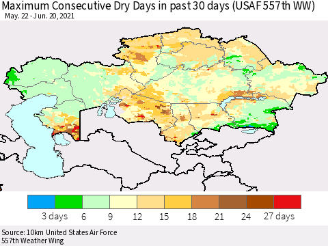 Kazakhstan Maximum Consecutive Dry Days in past 30 days (USAF 557th WW) 06/20/2021 Thematic Map For 6/16/2021 - 6/20/2021