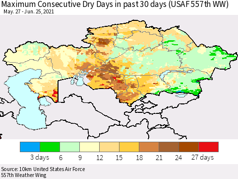 Kazakhstan Maximum Consecutive Dry Days in past 30 days (USAF 557th WW) 06/25/2021 Thematic Map For 6/21/2021 - 6/25/2021