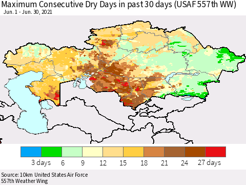 Kazakhstan Maximum Consecutive Dry Days in past 30 days (USAF 557th WW) 06/30/2021 Thematic Map For 6/26/2021 - 6/30/2021