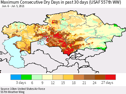 Kazakhstan Maximum Consecutive Dry Days in past 30 days (USAF 557th WW) 07/05/2021 Thematic Map For 7/1/2021 - 7/5/2021