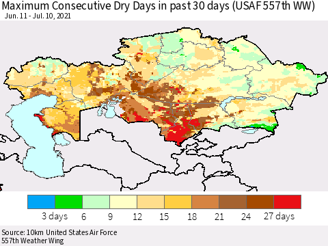 Kazakhstan Maximum Consecutive Dry Days in past 30 days (USAF 557th WW) 07/10/2021 Thematic Map For 7/6/2021 - 7/10/2021