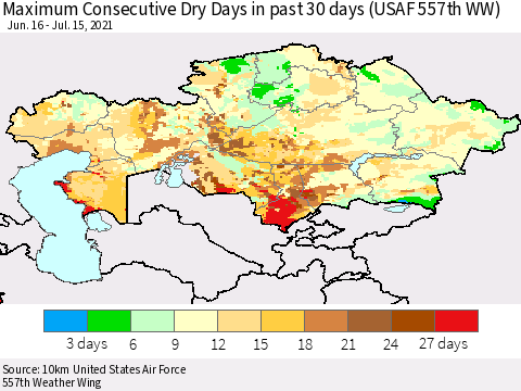 Kazakhstan Maximum Consecutive Dry Days in past 30 days (USAF 557th WW) 07/15/2021 Thematic Map For 7/11/2021 - 7/15/2021