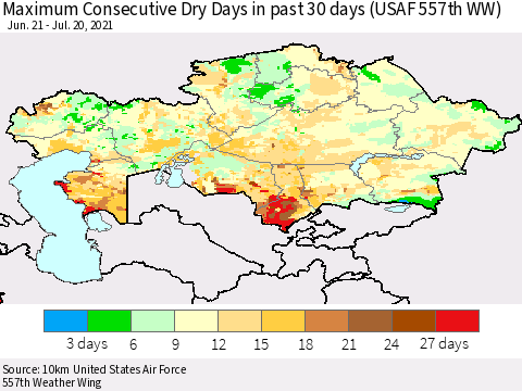 Kazakhstan Maximum Consecutive Dry Days in past 30 days (USAF 557th WW) 07/20/2021 Thematic Map For 7/16/2021 - 7/20/2021