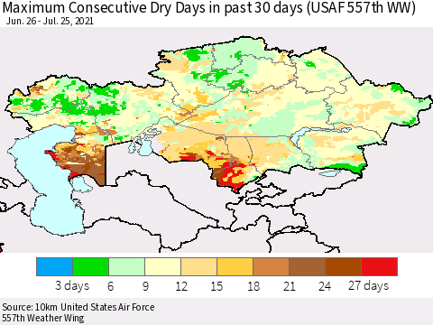 Kazakhstan Maximum Consecutive Dry Days in past 30 days (USAF 557th WW) 07/25/2021 Thematic Map For 7/21/2021 - 7/25/2021