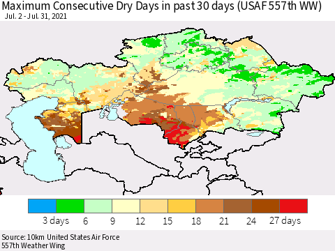Kazakhstan Maximum Consecutive Dry Days in past 30 days (USAF 557th WW) 07/31/2021 Thematic Map For 7/26/2021 - 7/31/2021