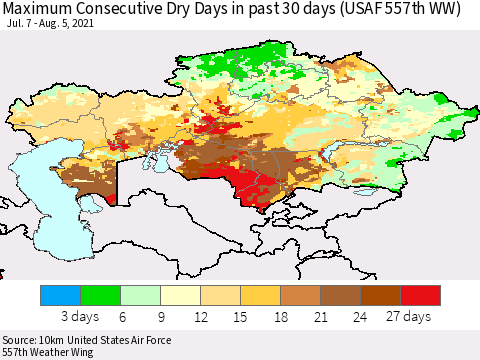 Kazakhstan Maximum Consecutive Dry Days in past 30 days (USAF 557th WW) 08/05/2021 Thematic Map For 8/1/2021 - 8/5/2021
