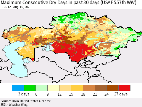 Kazakhstan Maximum Consecutive Dry Days in past 30 days (USAF 557th WW) 08/10/2021 Thematic Map For 8/6/2021 - 8/10/2021
